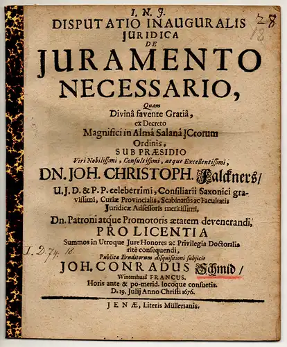 Schmid, Johann Conrad: aus Winterhausen: Juristische Inaugural-Disputation. De iuramento necessario. 