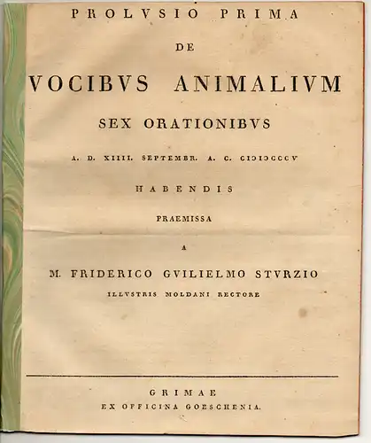 Sturz, Friedrich Wilhelm: De vocibus animalium sex orationibus. Proclusio 1 u. 2 (von 6). Schulprogramm. 