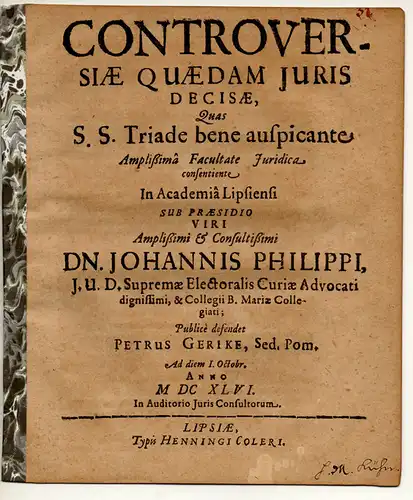 Gerike, Peter: aus Stettin: Juristische Disputation. Controversiae quaedam iuris decisae. 