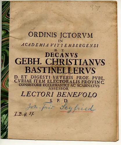 Bastineller, Gebhard Christian: Promotionsankündigung von Johann Friedrich Seyfried. 