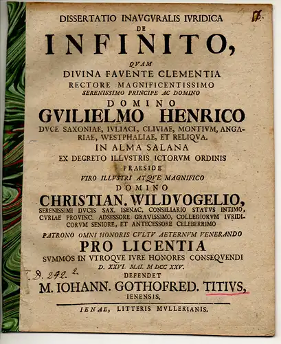 Titius (Tietz), Johannes Gottfried: aus Jena: Juristische Inaugural-Dissertation. De infinito. 