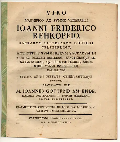 Am Ende, Johann Gottfried: Coniectura de loco Paulli I. Cor. V, 5. Widmungsschrfit für Johann Friedrich Rehkopf. 