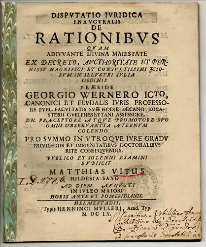 Vitus, Matthias: aus Hildesheim, Sachsen: Juristische Inaugural-Disputation. De rationibus. 