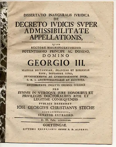 Steche, Johann Georg Christian: aus Schwarzburg: Juristische Inaugural-Dissertation.  De decreto iudicis super admissibilitate appellationis. 