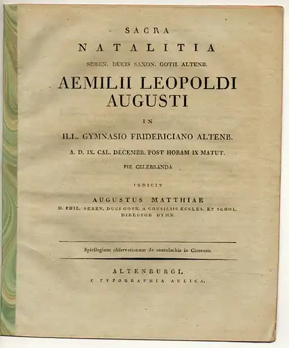 Matthiae, August: Spicilegium observationum de anacoluthis in Cicerone. + De licentia a proponto degrediendi retustissimorum scriptorum. + De loco quodam Ciceronis Catil. III.1. Schulprogramme. 