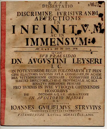 Struve, Johann Wilhelm: aus Frankenhausen: Juristische Dissertation. De discrimine iurisiurandi affectionis in infinitum ac in immensum ad l. 4. § 2. de in lit. iur...