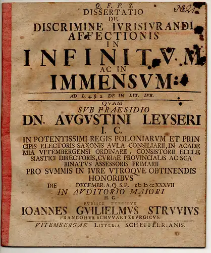 Struve, Johann Wilhelm: aus Frankenhausen: Juristische Dissertation. De discrimine iurisiurandi affectionis in infinitum ac in immensum ad l. 4. § 2. de in lit. iur.. 