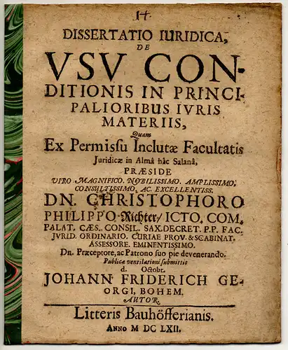 Georgi, Johann Friedrich: aus Böhmen: Juristische Dissertation.  De usu conditionis in principalioribus iuris materiis. 