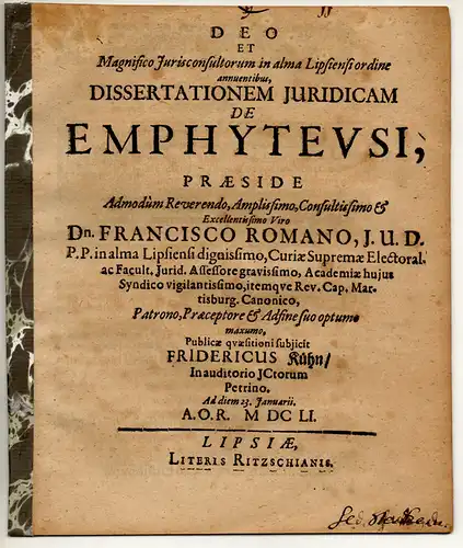 Kühn, Friedrich: Juristische Dissertation. De emphyteusi. 