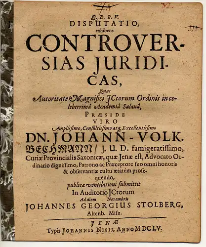 Stolberg, Johannes Georg: aus Altenburg: Juristische Disputation. Controversiae iuridicae. 