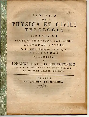 Schröckh, Johann Matthias: Prolusio De Physica Et Civili Theologia. Universitätsprogramm. 