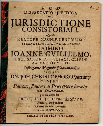 Stock, Friedrich Johann: aus Pabstorf: Juristische Dissertation. De iurisdictione consistoriali. 