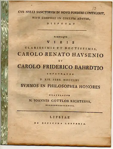 Richter, Johann Gottlob: Cur Nulli Sanctorum In Novo Foedere Contigerit, Vivo Corpore In Coelum Adsumi. Widmungsschrift für Carl Renatus Hausen und Carl Friedrich Bahrdt. 