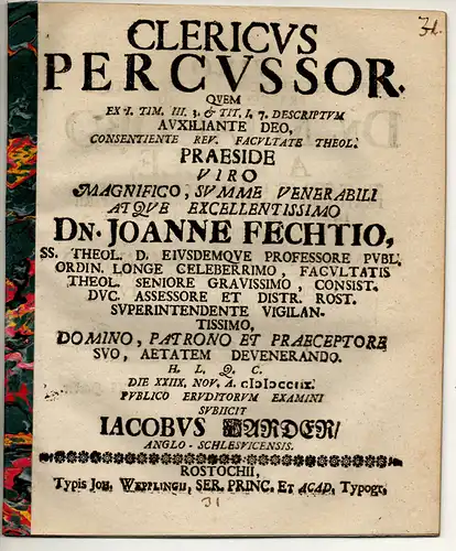 Harder, Jacob: aus Angeln: Theolgische Disputation. Clericus Percussor quem ex 1. Tim. 3. 3. et tit. 1. 7. Descriptum. 