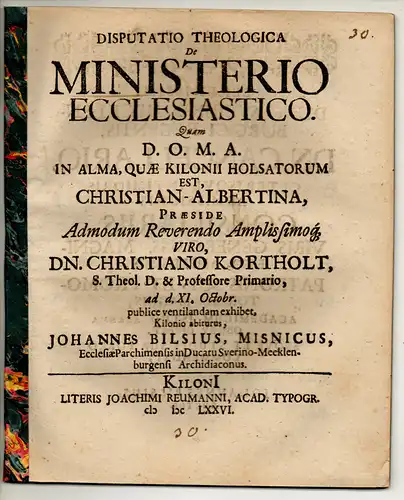 Bilsius, Johannes: Theologische Disputation. De ministerio ecclesiastico. 