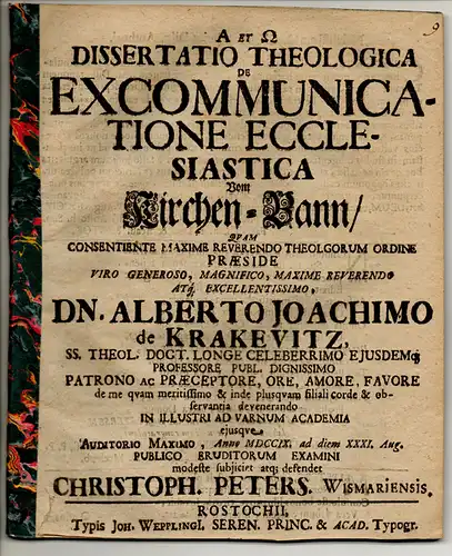 Peters, Christoph: Aus Wismar: Theologische Dissertation. De Excommunicatione Ecclesiastica, vom Kirchen-Bann. 