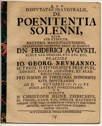 Zeibich, Christoph Heinrich: Theologische Inaugural-Disputation. De poenitentia solenni. 