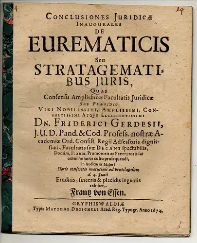 Essen, Frantz von: Conclusiones iuridicae inaugurales de eurematicis seu stratagematibus iuris. 