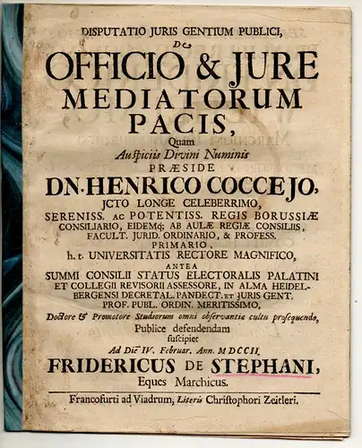 Stephani, Friedrich von: Juristische Disputation. De officio et iure mediatorum pacis. 