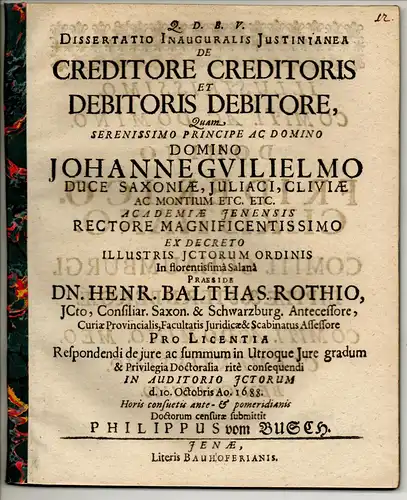 Busch, Philipp vom: Juristische Inaugural-Dissertation. De creditore creditoris et debitoris debitore. 