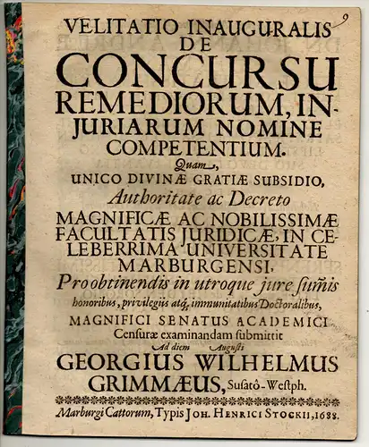 Grimmaeus, Georg Wilhelm: aus Soest: Juristische Inaugural-Disputation. De concursu remediorum, iniuriarum nomine competentium. 
