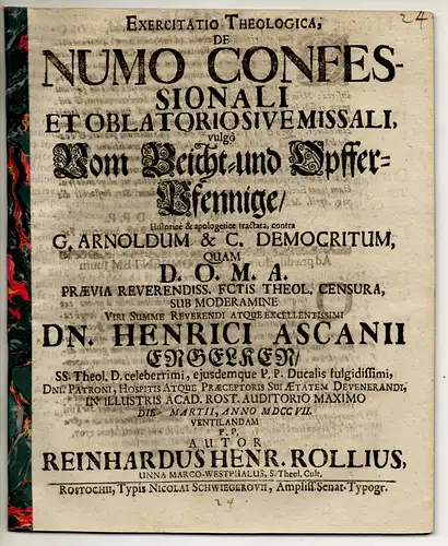Roll, Reinhard Heinrich: Theologische Exercitatio. De numo confessionali et oblatorio sive missali vulgò Vom Beicht- und Opffer-Pfennige. 