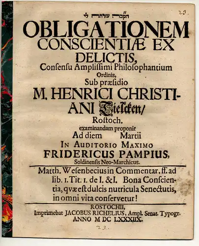 Pampius, Friedrich: Philosophische Disputation. De obligatione conscientiae ex delictis. 