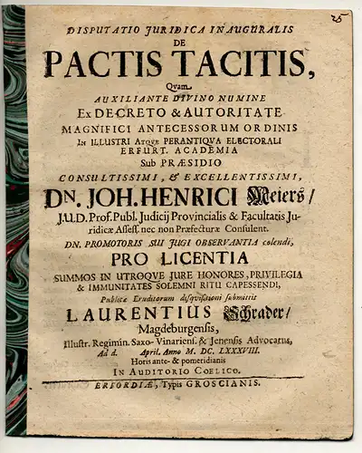 Schrader, Lorenz: aus Magdeburg: Juristische Inaugural-Disputation. De pactis tacitis. 