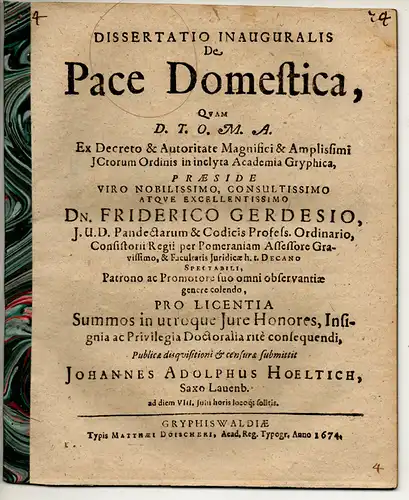 Höltich, Johann Adolph: Juristische Inaugural-Dissertation. De pace domestica. 