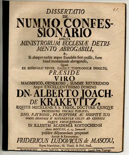 Mascov, Friedrich Ludwig von: Theologische Dissertation. De nummo confessionario absque ministrorum ecclesiae detrimento abrogabili. 