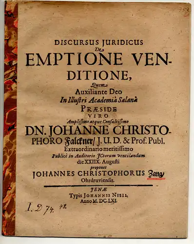 Zang, Johannes Christoph: aus Ohrdruf: Juristische Disputation De emtione venditione. 