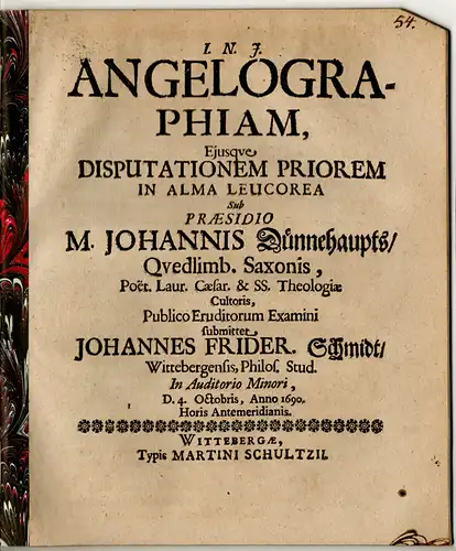 Schmidt, Johann Friedrich: aus Wittenberg: Philosophische Disputation. Angelographiam, Disputationem priorem + posteriorem. 