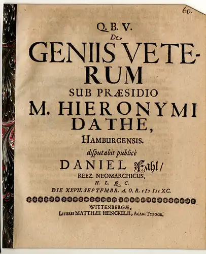 Fahl, Daniel: Theologische Disputation. De geniis veterum. 