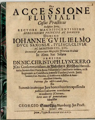 Saueressig, Georg: aus Naumburg: Juristische Disputation. De accessione fluviali casus practicus. 