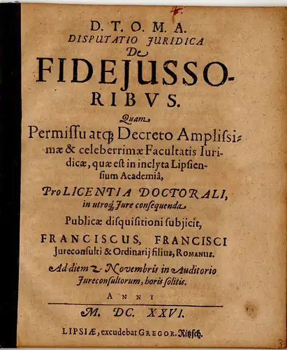 Romanus, Franz: Juristische Disputation. De fideiussoribus. 