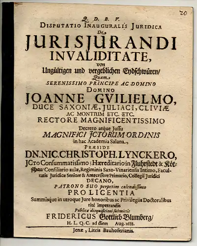 Blumberg, Friedrich Gottlieb: Juristische Inaugural-Disputation. De iurisiurandi invaliditate. 