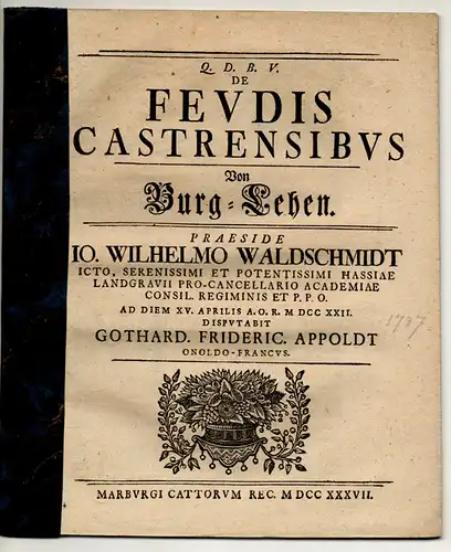 Appoldt, Gothard Friedrich: aus Ansbach: Juristische Disputation. De Feudis Castrensibus, Von Burg-Lehen. 