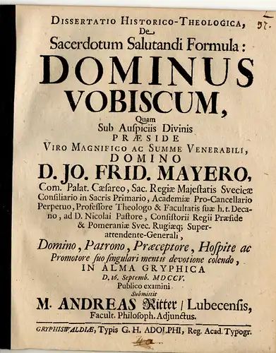 Ritter, Andreas: aus Lübeck: Theologische Dissertation. De sacerdotum salutandi formula: Dominus vobiscum. 