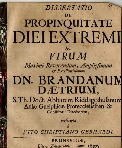 Gebhardi, Veit Christian: Juristische Inaugural-Dissertation. De propinquitate diei extremi. 