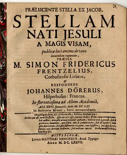 Dörer, Johann: aus Hildburghausen: Juristische Inaugural-Dissertation. Praelucente Stella Ex Jacob, Stellam Nati Jesuli A Magis Visam. 