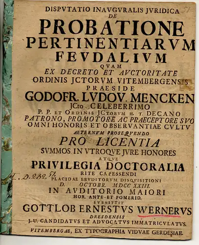 Werner, Gottlob Ernst: aus Dresden: Juristische Inaugural-Disputation. De probatione pertinentiarum feudalium. 