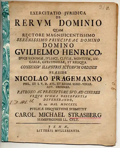 Strasberg, Karl Michael: aus Hamburg: Exercitatio Iuridica. De Rerum Dominio. 