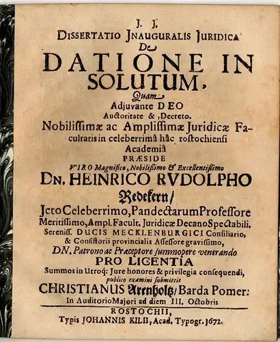 Arenholtz, Christian: aus Barth: Juristische Inaugural-Dissertation. De Datione In Solutum. 