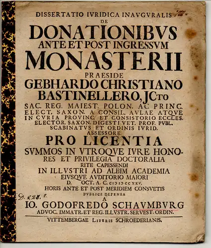 Schaumburg, Johann Gottfried: Juristische Inaugural-Dissertation. De donationibus ante et post ingressum monasterii. 