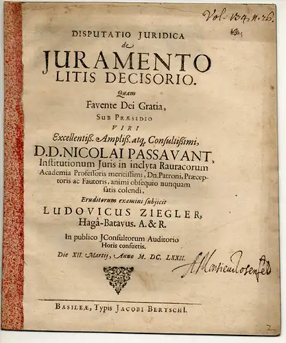 Ziegler, Ludwig: aus Den Haag: Juristische Disputation. De iuramento litis decisorio. 