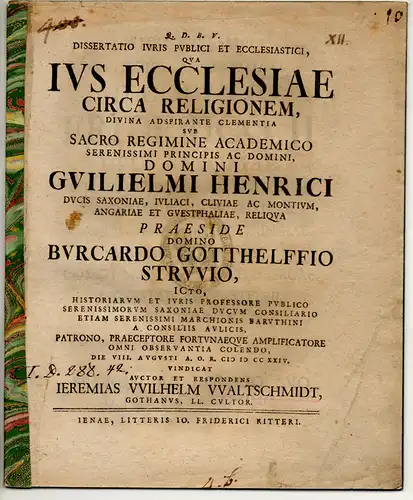 Waltschmidt, Jeremias Wilhelm: aus Gotha: Dissertatio iuris publici et ecclesiastici, qua ius ecclesiae circa religionem. 