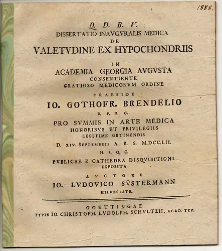 Süstermann, Johann Ludwig: aus Hildesheim: Medizinische Inaugural-Dissertation. De valetudine ex hypochondriis. 