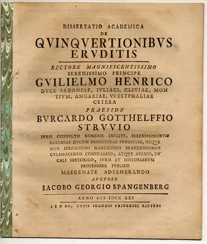 Spangenberg, Jacob Georg: Akademische Dissertation. De quinquertionibus eruditis. 