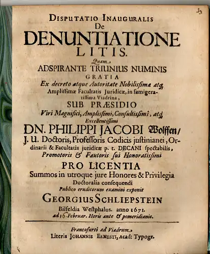 Schliepstein, Georg: aus Bielefeld: Juristische Inaugural-Disputation. De denuntiatione litis. 