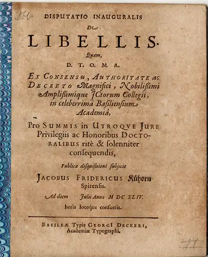 Kühorn, Jacob Friedrich: aus Speyer: Juristische Inaugural-Disputation. De libellis. 